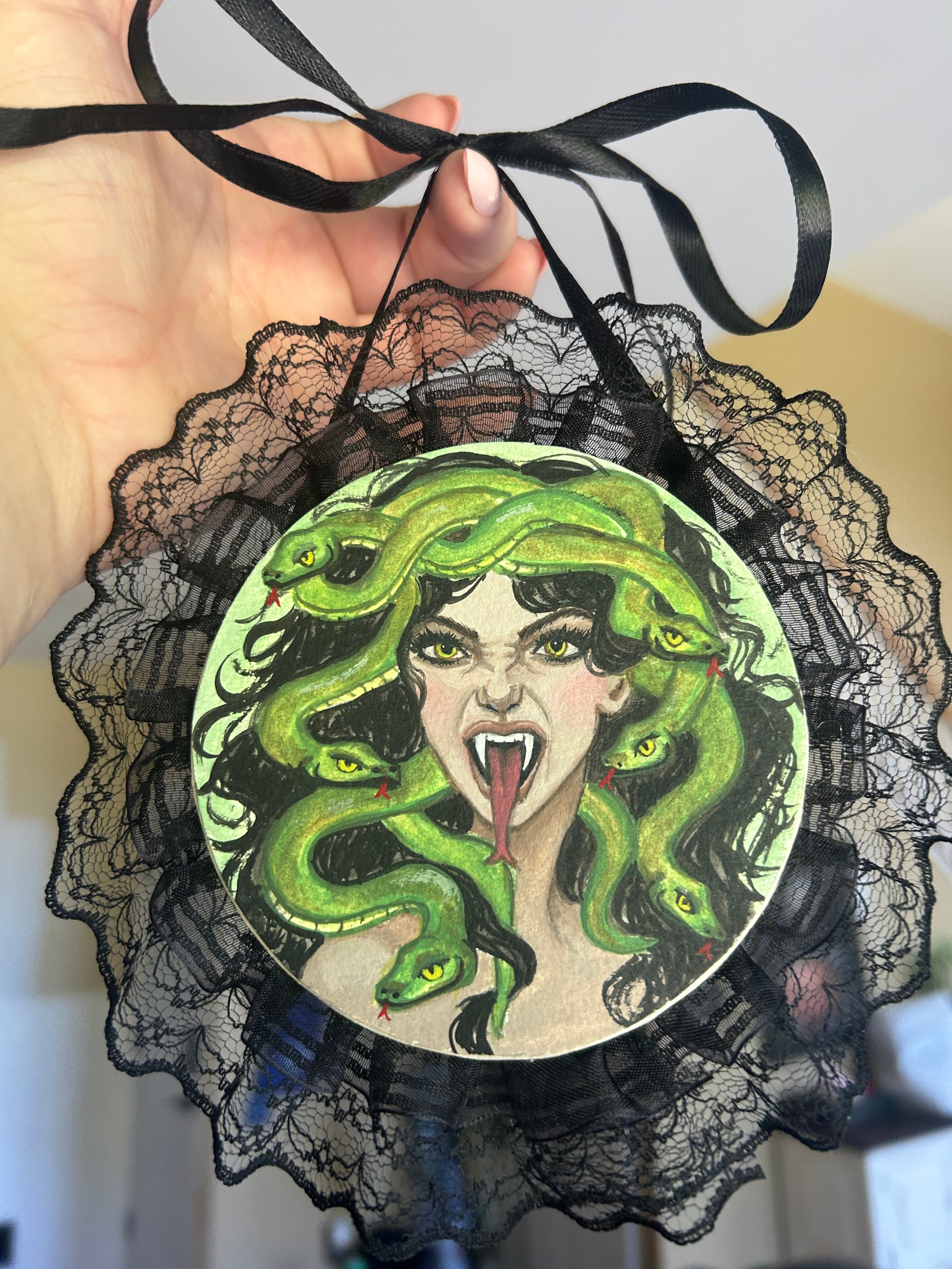 Gorgon Enchanted Original Painting with Black Lace Frame 4x4